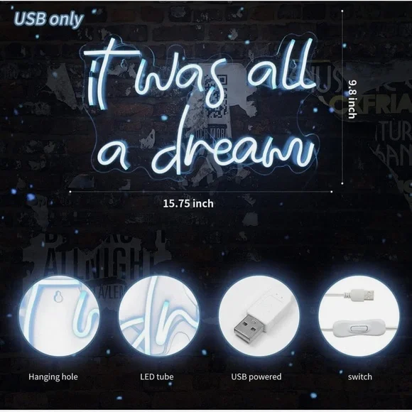 It was All A Dream Neon Sign for Wall Decor Powered USB It Was All A Dream LED - Picture 2 of 5